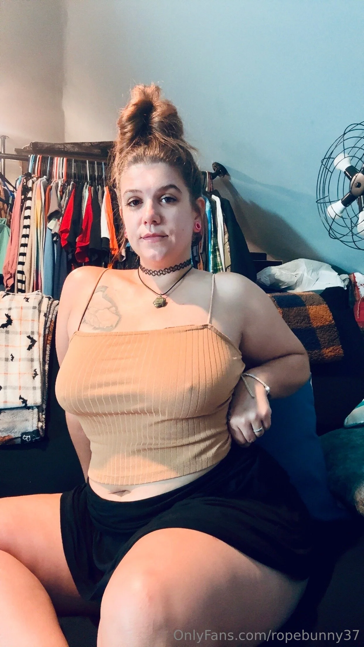 Just think, you could be here next to me pulling up my skirt. Or even better, pulling down my shirt to see my fat tits 😈