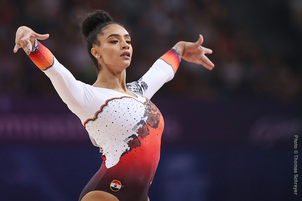 Focused Egyptian gymnast Salma Mahmoud training