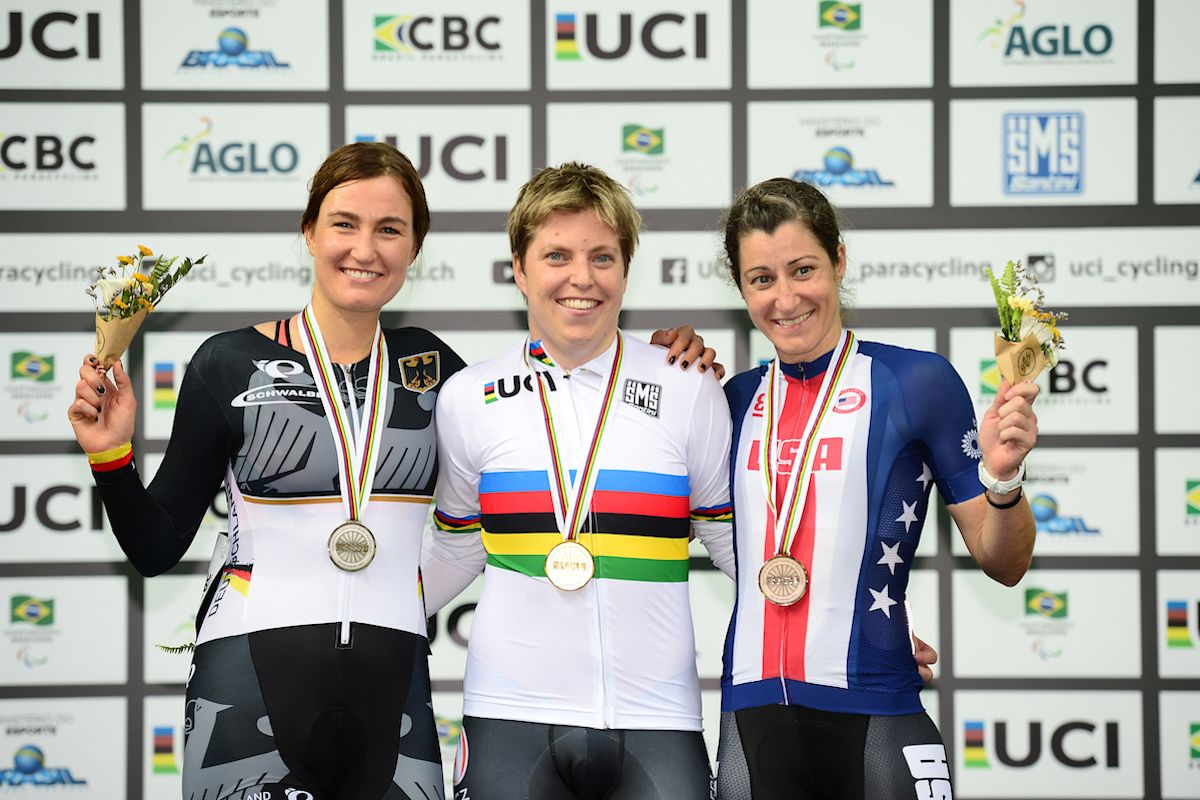 Alyda Norbruis celebrating Paralympic cycling gold medal
